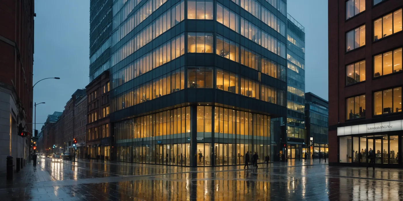 Manchester Spinningfields financial district viewed at dusk with warm amber office lights in glass buildings